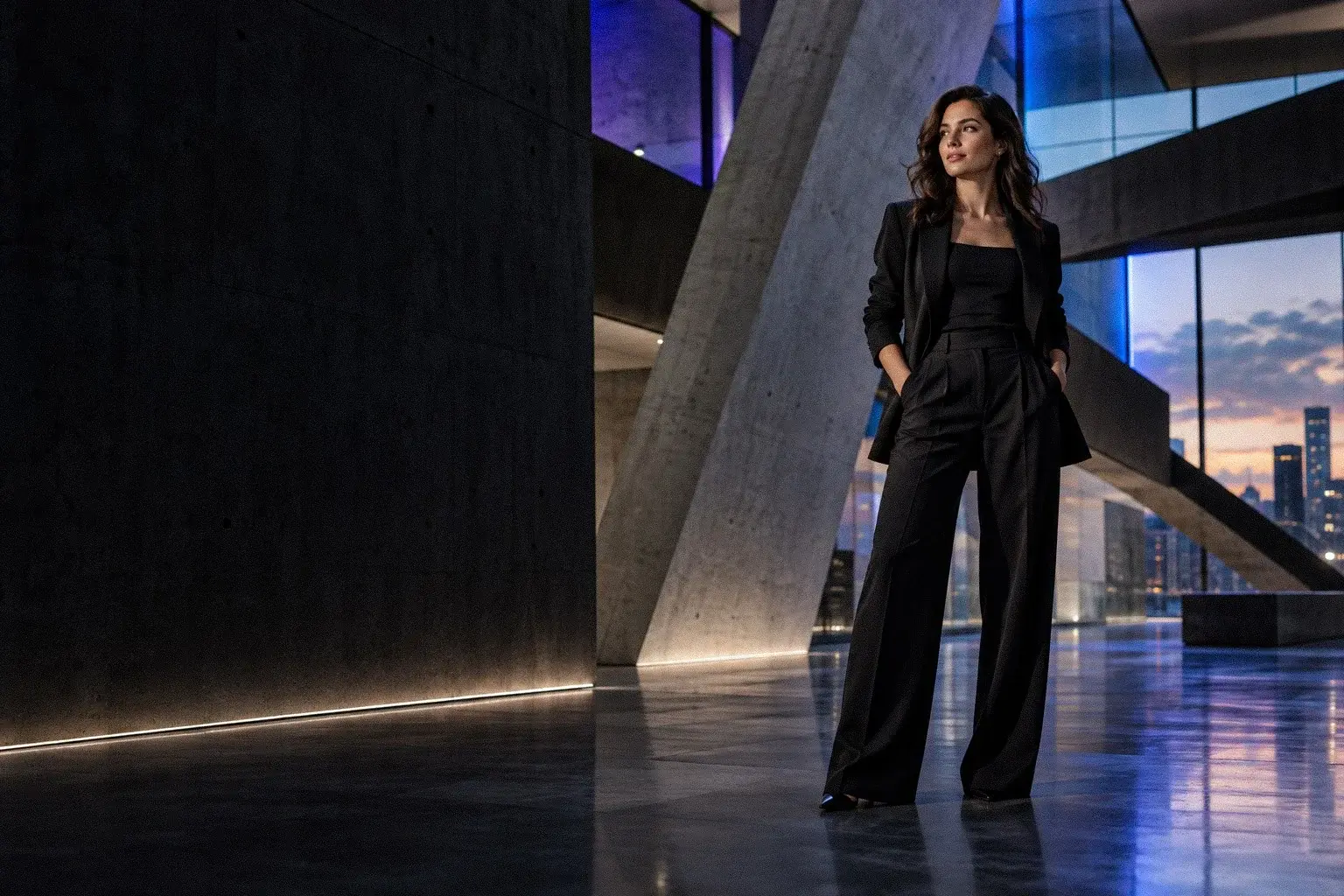 Fotografia editorial de profissional em arquitetura contemporânea, com iluminação roxa e azul