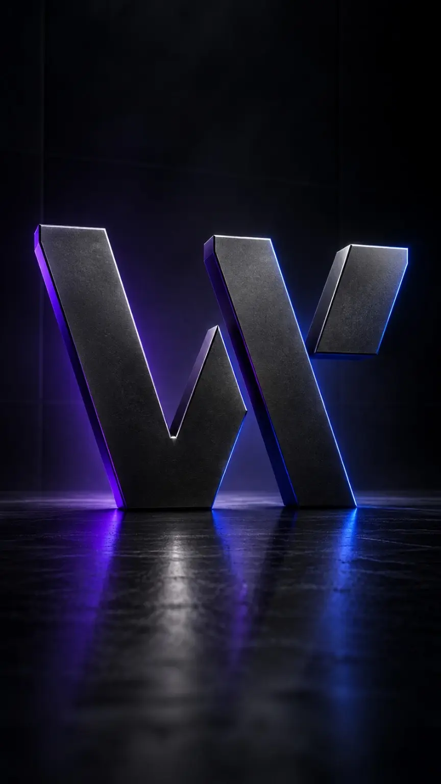 Escultura metálica do símbolo W da Webtyn com iluminação violeta e azul