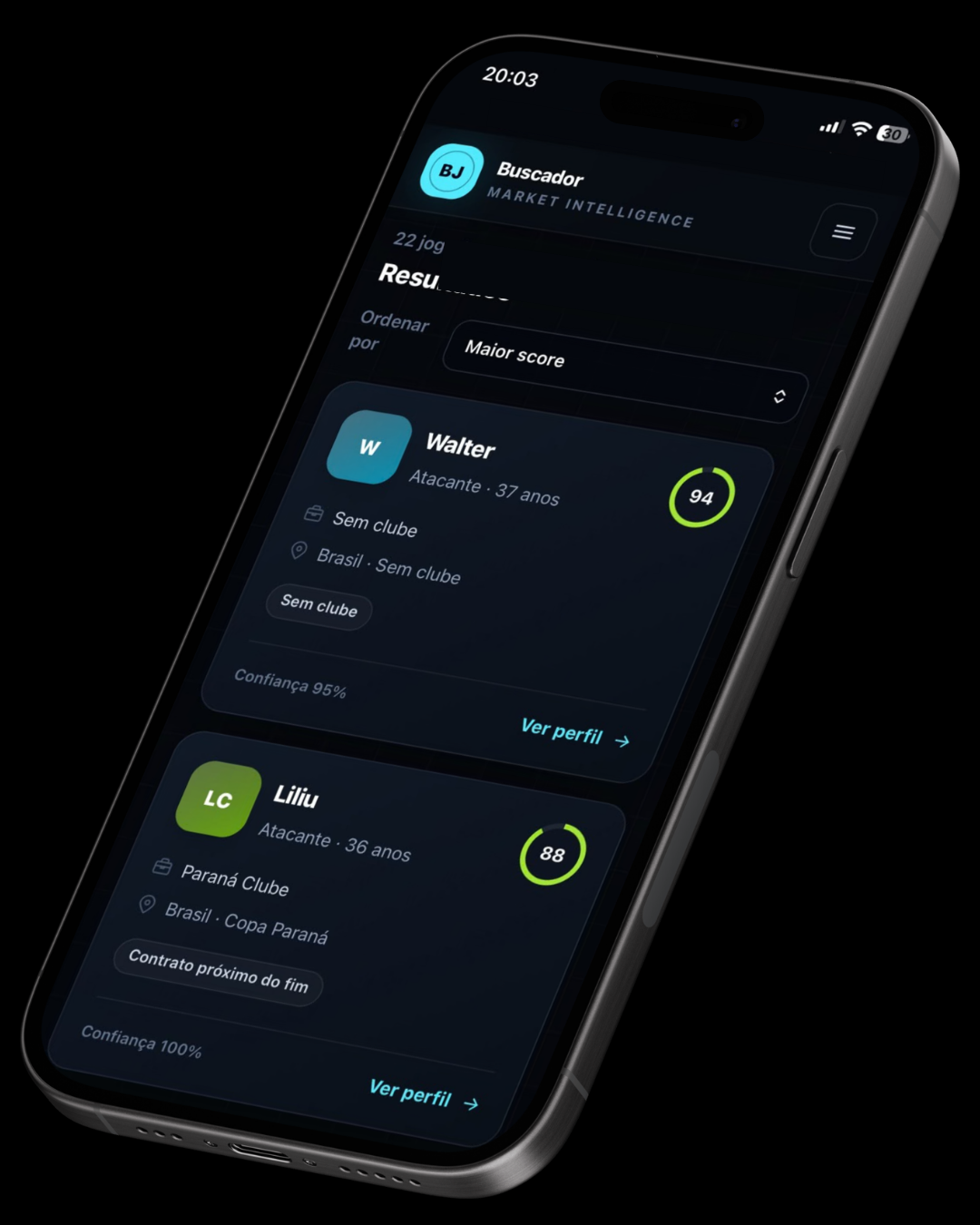 Mockup do aplicativo Buscador Market Intelligence em um smartphone